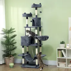 PawHut 206cm Cat Tree, Multi-Level Cat Tower with Scratching Posts and Board, Beds, Condos, Platforms, Toy Balls, Dark Grey - 1