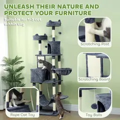 PawHut 206cm Cat Tree, Multi-Level Cat Tower with Scratching Posts and Board, Beds, Condos, Platforms, Toy Balls, Dark Grey - 5