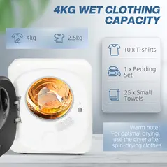 HOMCOM 4kg Vented Tumble Dryer with Deodorize, Smart Mode, 800W Compact Tumble Dryer with Stainless Steel Tub, Front Load, for Flat, Home, RVs, White - 4