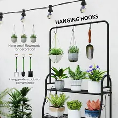 Outsunny 3 Tier Plant Stand with Hanging Rod and Hooks, Metal Plant Rack Shelf, Ladder Flower Pot for Indoor Outdoor Porch Balcony Living Room Bedroom, Black - 4