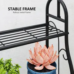 Outsunny 3 Tier Plant Stand with Hanging Rod and Hooks, Metal Plant Rack Shelf, Ladder Flower Pot for Indoor Outdoor Porch Balcony Living Room Bedroom, Black - 5