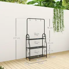 Outsunny 3 Tier Plant Stand with Hanging Rod and Hooks, Metal Plant Rack Shelf, Ladder Flower Pot for Indoor Outdoor Porch Balcony Living Room Bedroom, Black - 2