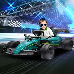 AIYAPLAY Aston Martin Licensed 12V Kids Ride on Racing Kart w/ Bluetooth, 4 Suspension Wheels, Music Lights Horn, Green - 1