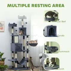 PawHut 206cm Cat Tree, Multi-Level Cat Tower with Scratching Posts and Board, Beds, Condos, Platforms, Toy Balls, Dark Grey - 3