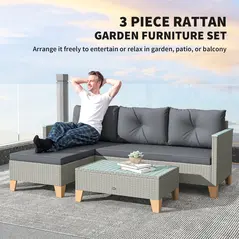 Outsunny 3 Pieces Rattan Garden Furniture Set, L Shaped Garden Conversation Chaise Lounge Furniture with Wood Top Coffee Table and Thick Cushions, Charcoal Grey - 3