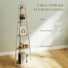 HOMCOM Five-Tier Corner Shelf - White/Wood-Effect - 3