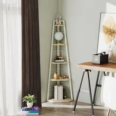 HOMCOM Five-Tier Corner Shelf - White/Wood-Effect - 1