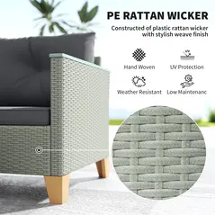 Outsunny 3 Pieces Rattan Garden Furniture Set, L Shaped Garden Conversation Chaise Lounge Furniture with Wood Top Coffee Table and Thick Cushions, Charcoal Grey - 5