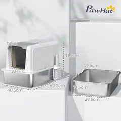 PawHut Stainless Steel Cat Litter Box with Removable Lid, Scoop, Filter Bags, for Larger Cats, White - 2