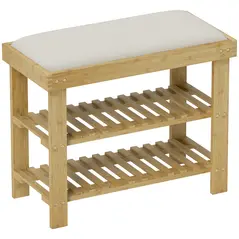 HOMCOM Bamboo Shoe Storage Bench, 3-Tier Shoe Bench with Seat Cushion, Shoe Rack for Entryway, Hallway, Living Room, Bedroom, Cream White - 1