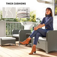 Outsunny Five Piece Rattan Garden Furniture Set with 2-Tier Coffee Table and Ottomans  - Cream White - 6