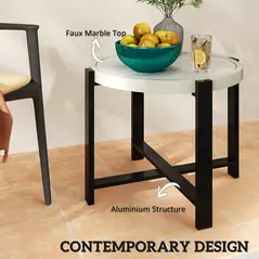 Outsunny Round Small Garden Table, 60cm Outdoor Side Table with Faux Marble Tempered Glass Top, Aluminium Frame for Garden, Patio, Balcony, Light Grey - 3