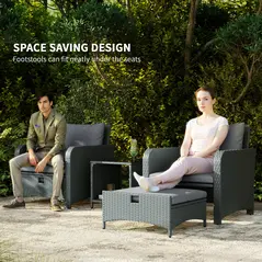 Outsunny Five Piece Rattan Garden Furniture Set with 2-Tier Coffee Table and Ottomans - Grey - 4