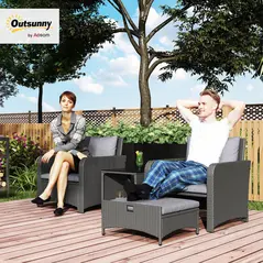 Outsunny Five Piece Rattan Garden Furniture Set with 2-Tier Coffee Table and Ottomans - Grey - 2