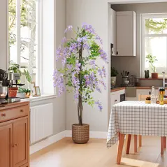 HOMCOM 180cm Ficus Artificial Tree, Fake Wisteria Tree in Nursery Pot, Indoor Greenery Tall Faux Floor Plant for Living Room Office Decor, Purple - 8