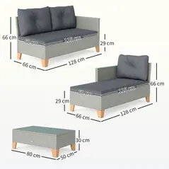 Outsunny 3 Pieces Rattan Garden Furniture Set, L Shaped Garden Conversation Chaise Lounge Furniture with Wood Top Coffee Table and Thick Cushions, Charcoal Grey - 2