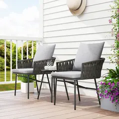 Outsunny 3-Piece Rattan Bistro Set, Garden Table and Chairs with 4 Cushions, Patio Rattan Conversation Furniture Set for Balcony, Porch, Terrace, Grey - 6