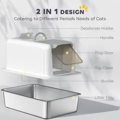 PawHut Stainless Steel Cat Litter Box with Removable Lid, Scoop, Filter Bags, for Larger Cats, White - 5