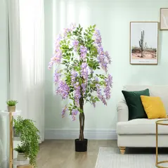 HOMCOM 180cm Ficus Artificial Tree, Fake Wisteria Tree in Nursery Pot, Indoor Greenery Tall Faux Floor Plant for Living Room Office Decor, Purple - 1