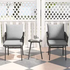 Outsunny 3-Piece Rattan Bistro Set, Garden Table and Chairs with 4 Cushions, Patio Rattan Conversation Furniture Set for Balcony, Porch, Terrace, Grey - 7
