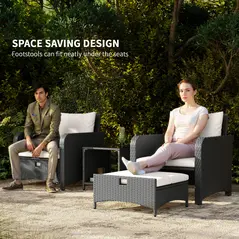 Outsunny Five Piece Rattan Garden Furniture Set with 2-Tier Coffee Table and Ottomans  - Cream White - 3