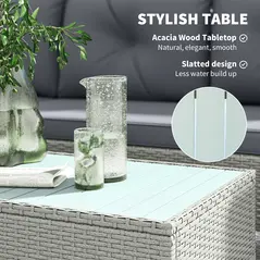 Outsunny 3 Pieces Rattan Garden Furniture Set, L Shaped Garden Conversation Chaise Lounge Furniture with Wood Top Coffee Table and Thick Cushions, Charcoal Grey - 6