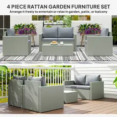 Outsunny Four-Piece Rattan Sofa Set, with Wood-Top Table - 3