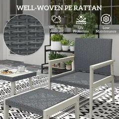Outsunny Five-Piece Rattan Patio Set, with Wood-Top Table - Grey - 3