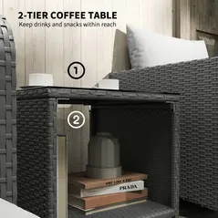 Outsunny Five Piece Rattan Garden Furniture Set with 2-Tier Coffee Table and Ottomans - Grey - 8