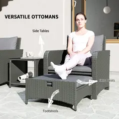 Outsunny Five Piece Rattan Garden Furniture Set with 2-Tier Coffee Table and Ottomans - Grey - 5