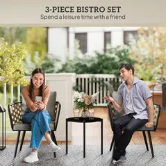 Outsunny 3 Pieces Rattan Bistro Set with Washable Seat and Back Cushions, Glass Top Coffee Table, for Outdoor, Patio, Black - 3