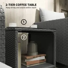 Outsunny Five Piece Rattan Garden Furniture Set with 2-Tier Coffee Table and Ottomans  - Cream White - 7