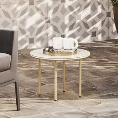 Outsunny Round Coffee Table, Modern End Side Table with Faux Marble Tempered Glass Top, Steel Frame for Living Room, Bedroom, Office, Beige - 6