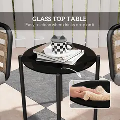 Outsunny 3 Pieces Rattan Bistro Set with Washable Seat and Back Cushions, Glass Top Coffee Table, for Outdoor, Patio, Black - 5