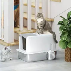 PawHut Stainless Steel Cat Litter Box with Removable Lid, Scoop, Filter Bags, for Larger Cats, White - 7