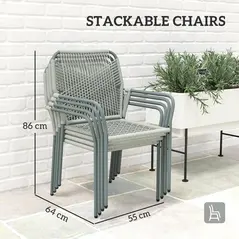 Outsunny Five-Piece PE Rattan Garden Dining Set with Cushions & Stackable Chairs - Light Grey - 7