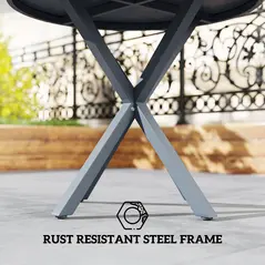 Outsunny Garden Table, 85cm Round Outdoor Dining Table with Steel Frame, Wood Effect Top, for Balcony, Deck, Dark Grey - 4