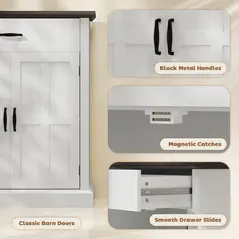 HOMCOM Farmhouse Sideboard with 3 cm Thick Top 2 Barn Doors - White - 5