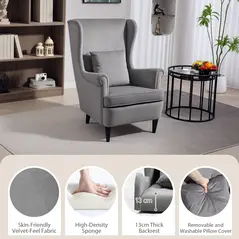 HOMCOM Modern Accent Chair, Upholstered Wingback Armchair with High Backrest and Pillow, Velvet-Feel Fabric Reading Chair with Solid Wood Legs for Living Room, Bedroom, Home Office, Dark Grey - 3