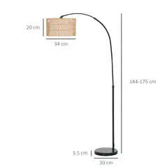 HOMCOM Rattan Floor Lamp for Living Room, Farmhouse Arc Standing Lamp with Dual-Layer Shade & Foot Switch, Height Adjustable Minimalist Tall Pole Lampshade for Bedroom, Office, Black - 2