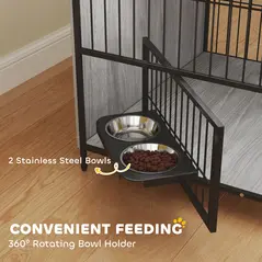 PawHut Dog Crate Furniture with Rotating Bowl Holder, 2 Bowls, 2 Doors, for Medium Dogs, 80 x 56 x 76.5 cm, Grey - 4