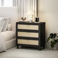 HOMCOM Rattan Bedroom Chest of Drawers, 3 Drawers Storage Unit, Boho Dresser for Living Room, Hallway, Black - 1