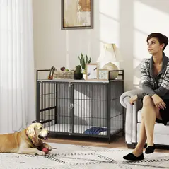 PawHut Large Dog Crate Furniture with Rotating Bowl Holder, 2 Bowls, 2 Doors, for Large Dogs, 100 x 60 x 88 cm, Grey - 1