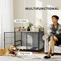 PawHut Large Dog Crate Furniture with Rotating Bowl Holder, 2 Bowls, 2 Doors, for Large Dogs, 100 x 60 x 88 cm, Grey - 3