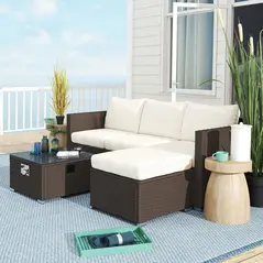 Outsunny Five Piece Rattan Garden Furniture Set with Gas Fire Pit Table and Footstool - Brown and Cream White - 8