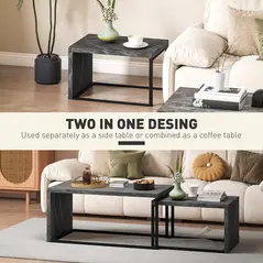 HOMCOM Nesting Coffee Table Set of 2, Industrial Stacking Side End Tables with Metal Frame for Living Room, Bedroom, Dark Grey Marble Effect - 5