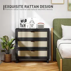 HOMCOM Rattan Bedroom Chest of Drawers, 3 Drawers Storage Unit, Boho Dresser for Living Room, Hallway, Black - 3