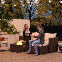 Outsunny Five Piece Rattan Garden Furniture Set with Gas Fire Pit Table and Footstool - Brown and Cream White - 1