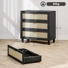 HOMCOM Rattan Bedroom Chest of Drawers, 3 Drawers Storage Unit, Boho Dresser for Living Room, Hallway, Black - 2