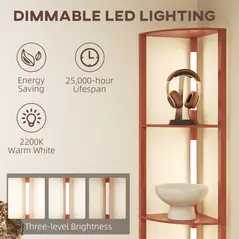 HOMCOM Corner Floor Lamp for Living Room Bedroom with Dimmable Warm White LED Light, Modern Tall Standing Lamp, Brown - 4